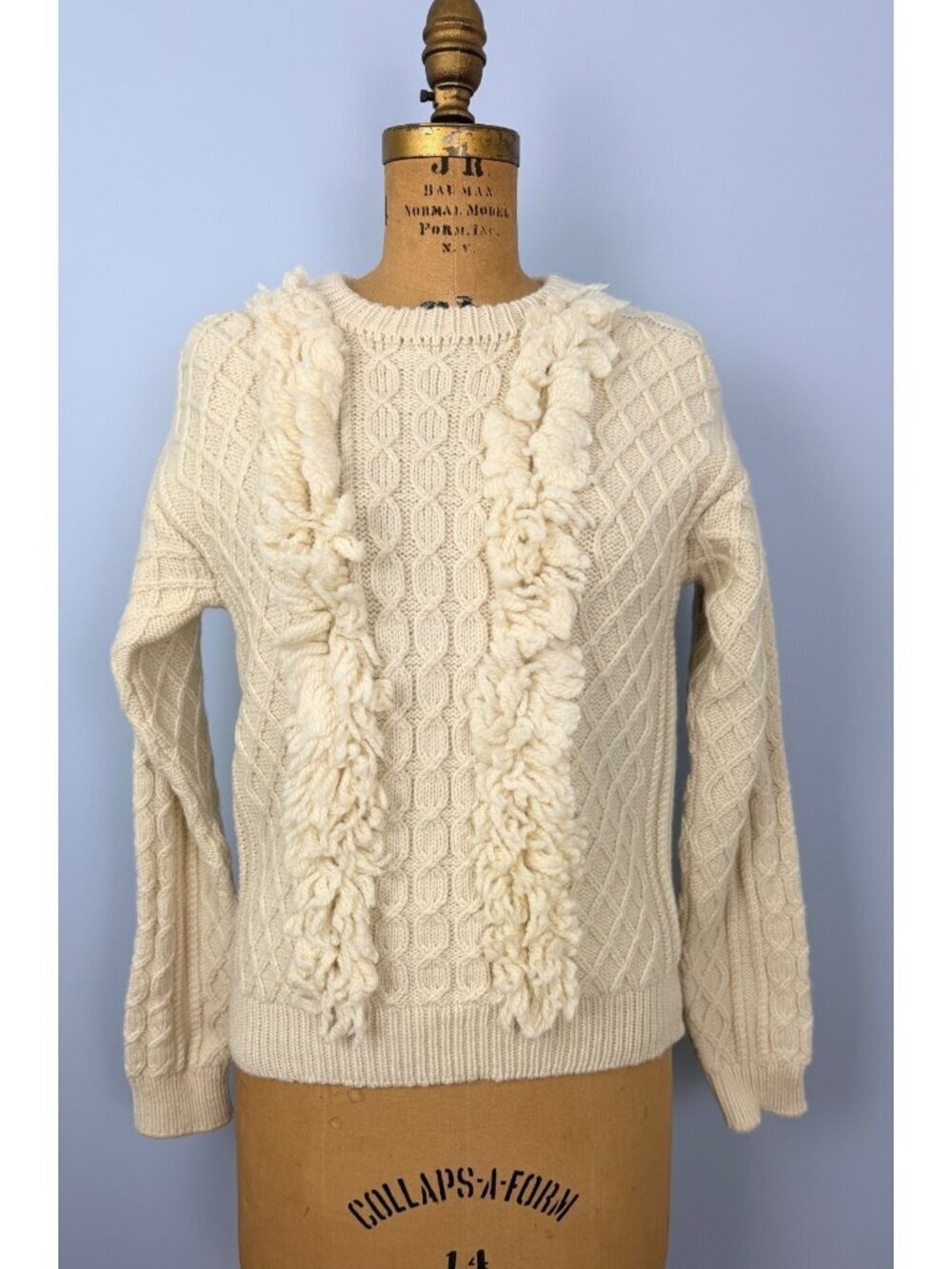 Tory Burch Kendra Fringe Cable Knit Sweater Cream Womens M Crewneck